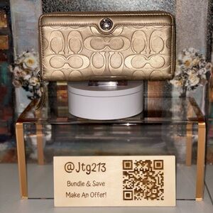 Coach Metallic Gold Embossed Signature Accordion Zip Wallet Leather
